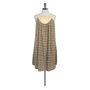 Sunner Silk Crochet Bib Shift Dress Geometric Diamond Print Tan Brown Medium